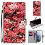 For Samsung Galaxy S22 5G Coloured Drawing Cross Texture Horizontal Flip Leather Phone Case with Holder & Card Slots & Wallet & Lanyard(Pink Rose Garden)