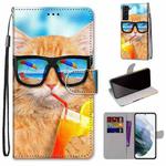 For Samsung Galaxy S22+ 5G Coloured Drawing Cross Texture Horizontal Flip Leather Phone Case with Holder & Card Slots & Wallet & Lanyard(Cat Drinking Soda)