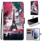 For Samsung Galaxy S22+ 5G Coloured Drawing Cross Texture Horizontal Flip Leather Phone Case with Holder & Card Slots & Wallet & Lanyard(Pink Flower Tower Bridge)