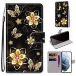 For Samsung Galaxy S22+ 5G Coloured Drawing Cross Texture Horizontal Flip Leather Phone Case with Holder & Card Slots & Wallet & Lanyard(Gold Diamond Butterfly)