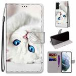 For Samsung Galaxy S22+ 5G Coloured Drawing Cross Texture Horizontal Flip Leather Phone Case with Holder & Card Slots & Wallet & Lanyard(White Kitten)