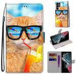 For Samsung Galaxy S22 Ultra 5G Coloured Drawing Cross Texture Horizontal Flip Leather Phone Case with Holder & Card Slots & Wallet & Lanyard(Cat Drinking Soda)