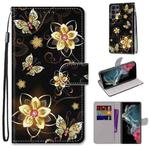 For Samsung Galaxy S22 Ultra 5G Coloured Drawing Cross Texture Horizontal Flip Leather Phone Case with Holder & Card Slots & Wallet & Lanyard(Gold Diamond Butterfly)