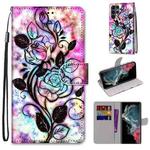 For Samsung Galaxy S22 Ultra 5G Coloured Drawing Cross Texture Horizontal Flip Leather Phone Case with Holder & Card Slots & Wallet & Lanyard(Color Bottom Hollow Flower)