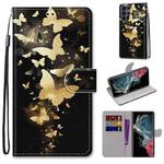For Samsung Galaxy S22 Ultra 5G Coloured Drawing Cross Texture Horizontal Flip Leather Phone Case with Holder & Card Slots & Wallet & Lanyard(Golden Butterfly Group)