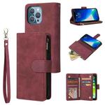 For iPhone 13 Pro Multifunctional Phone Leather Case with Card Slot & Holder & Zipper Wallet & Photo Frame (Wine Red)