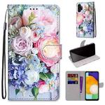 For Samsung Galaxy A13 4G Coloured Drawing Cross Texture Horizontal Flip PU Phone Leather Case with Holder & Card Slots & Wallet & Lanyard(Colorful Layer(Light Pink Bouquet)