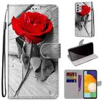 For Samsung Galaxy A33 5G Coloured Drawing Cross Texture Horizontal Flip PU Phone Leather Case with Holder & Card Slots & Wallet & Lanyard(Colorful Layer(Red Rose On Wooden)