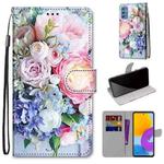 For Samsung Galaxy M52 5G Coloured Drawing Cross Texture Horizontal Flip PU Phone Leather Case with Holder & Card Slots & Wallet & Lanyard(Colorful Layer(Light Pink Bouquet)