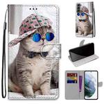 For Samsung Galaxy S22 5G Coloured Drawing Cross Texture Horizontal Flip PU Phone Leather Case with Holder & Card Slots & Wallet & Lanyard(Colorful Layer(Oblique Hat Blue Mirror Cat)