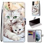 For Samsung Galaxy S22+ 5G Coloured Drawing Cross Texture Horizontal Flip PU Phone Leather Case with Holder & Card Slots & Wallet & Lanyard(Colorful Layer(Big Cat Hugging Kitten)