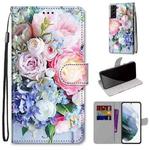 For Samsung Galaxy S22+ 5G Coloured Drawing Cross Texture Horizontal Flip PU Phone Leather Case with Holder & Card Slots & Wallet & Lanyard(Colorful Layer(Light Pink Bouquet)