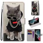 For Samsung Galaxy S22 Ultra 5G Coloured Drawing Cross Texture Horizontal Flip PU Phone Leather Case with Holder & Card Slots & Wallet & Lanyard(Colorful Layer(Golden Chain Grey Cat)