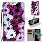 For Samsung Galaxy S22 Ultra 5G Coloured Drawing Cross Texture Horizontal Flip PU Phone Leather Case with Holder & Card Slots & Wallet & Lanyard(Colorful Layer(Chrysanthemum Pink White Purple)