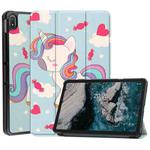 For Nokia T20 Painted Leather Tablet Case with 3-Fold Holder(Unicorn)