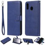 For Galaxy M20 Solid Color Horizontal Flip Protective Case with Holder & Card Slots & Wallet & Photo Frame & Lanyard(Blue)