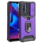 For Motorola Moto G Pure Sliding Camera Cover Design PC + TPU Shockproof Phone Case with Ring Holder & Card Slot(Purple)