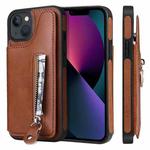 For iPhone 13 Solid Color Double Buckle Zipper Shockproof Phone Case(Brown)