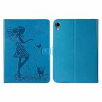 Pressed Printing Woman and Cat Pattern Horizontal Flip Leather Tablet Case For iPad mini 6(Blue)