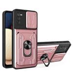 For Samsung Galaxy A02s EU Version Camera Cover Phone Case with Card Slot & Holder(Rose Gold)