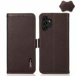 For Samsung Galaxy A13 4G KHAZNEH Side-Magnetic Litchi Genuine Leather RFID Phone Case(Brown)