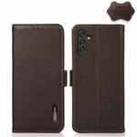 For Samsung Galaxy A13 5G KHAZNEH Side-Magnetic Litchi Genuine Leather RFID Phone Case(Brown)