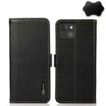 For iPhone 13 mini KHAZNEH Side-Magnetic Litchi Genuine Leather RFID Case (Black)