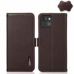 For iPhone 13 mini KHAZNEH Side-Magnetic Litchi Genuine Leather RFID Case (Brown)