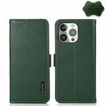 For iPhone 13 Pro KHAZNEH Side-Magnetic Litchi Genuine Leather RFID Case (Green)