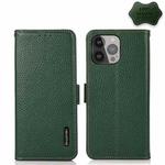 For iPhone 13 Pro Max KHAZNEH Side-Magnetic Litchi Genuine Leather RFID Case (Green)