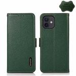 For iPhone 12 / 12 Pro KHAZNEH Side-Magnetic Litchi Genuine Leather RFID Case(Green)