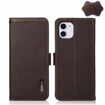For iPhone 11 KHAZNEH Side-Magnetic Litchi Genuine Leather RFID Case (Brown)