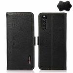 For Sony Xperia 10 III KHAZNEH Side-Magnetic Litchi Genuine Leather RFID Case(Black)
