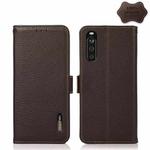 For Sony Xperia 10 III KHAZNEH Side-Magnetic Litchi Genuine Leather RFID Case(Brown)