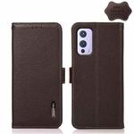 For OnePlus 9 KHAZNEH Side-Magnetic Litchi Genuine Leather RFID Phone Case(Brown)