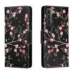 For Samsung Galaxy S22 5G Colored Drawing Leather Phone Case(Black Background Safflower)