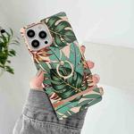 Ring Holder Square Plating Gold Edge Phone Case For iPhone 13 Pro(Green Leaf)