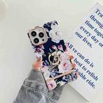 Ring Holder Square Plating Gold Edge Phone Case For iPhone 13 Pro Max(Blue Background Rose)