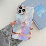 Ring Holder Square Plating Gold Edge Phone Case For iPhone 13(Galaxy White Purple)