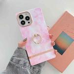 Ring Holder Square Plating Gold Edge Phone Case For iPhone 12 / 12 Pro(Galaxy White Pink)