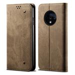 For OnePlus 7T Denim Texture Casual Style Horizontal Flip Leather Case with Holder & Card Slots & Wallet(Khaki)
