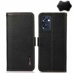 For OPPO Reno7 SE 5G KHAZNEH Side-Magnetic Litchi Genuine Leather RFID Phone Case(Black)