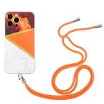 For iPhone 13 Pro Lanyard Stitching Marble TPU Case (Orange)