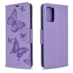 For Galaxy S20+ Embossing Two Butterflies Pattern Horizontal Flip PU Leather Case with Holder & Card Slot & Wallet & Lanyard(Purple)