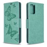 For Galaxy S20+ Embossing Two Butterflies Pattern Horizontal Flip PU Leather Case with Holder & Card Slot & Wallet & Lanyard(Green)