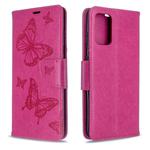 For Galaxy S20 Ultra Embossing Two Butterflies Pattern Horizontal Flip PU Leather Case with Holder & Card Slot & Wallet & Lanyard(Rose Red)