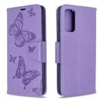 For Galaxy S20 Embossing Two Butterflies Pattern Horizontal Flip PU Leather Case with Holder & Card Slot & Wallet & Lanyard(Purple)