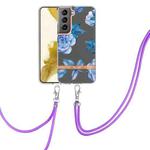 For Samsung Galaxy S22 5G Flowers Series TPU Phone Case with Lanyard(Blue Peony)