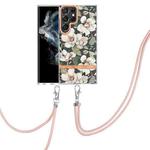 For Samsung Galaxy S22 Ultra 5G Flowers Series TPU Phone Case with Lanyard(Green Gardenia)