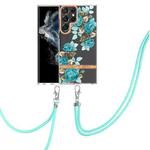 For Samsung Galaxy S22 Ultra 5G Flowers Series TPU Phone Case with Lanyard(Blue Rose)